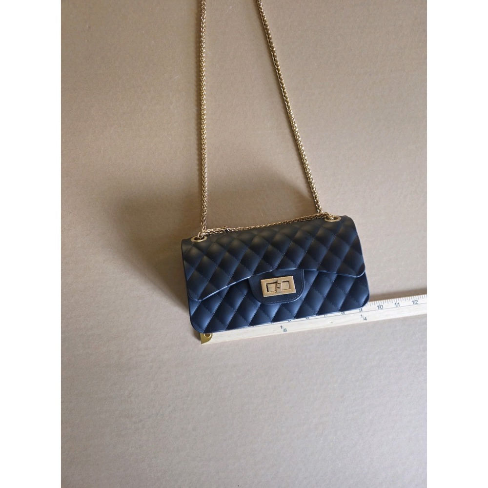 Women's Small Black Quilted Crossbody Or Shoulder Bag Gold Chain Strap Turn Lock - Picture 11 of 12
